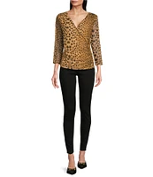 DKNY by Donna Karan Animal Printed Mesh 3/4 Sleeve Faux Wrap Top