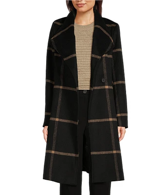 DKNY by Donna Karan Asymmetrical Button Front Single Breasted Windowpane Wool Blend Coat