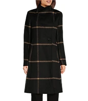 DKNY by Donna Karan Asymmetrical Button Front Single Breasted Windowpane Wool Blend Coat