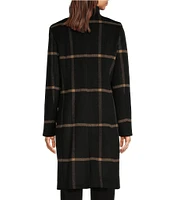 DKNY by Donna Karan Asymmetrical Button Front Single Breasted Windowpane Wool Blend Coat