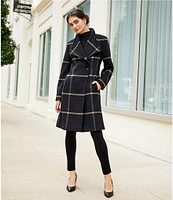 DKNY by Donna Karan Asymmetrical Button Front Single Breasted Windowpane Wool Blend Coat