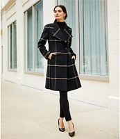 DKNY by Donna Karan Asymmetrical Button Front Single Breasted Windowpane Wool Blend Coat