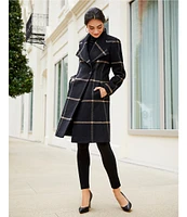 DKNY by Donna Karan Asymmetrical Button Front Single Breasted Windowpane Wool Blend Coat