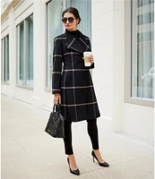 DKNY by Donna Karan Asymmetrical Button Front Single Breasted Windowpane Wool Blend Coat