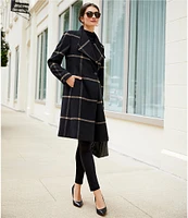 DKNY by Donna Karan Asymmetrical Button Front Single Breasted Windowpane Wool Blend Coat