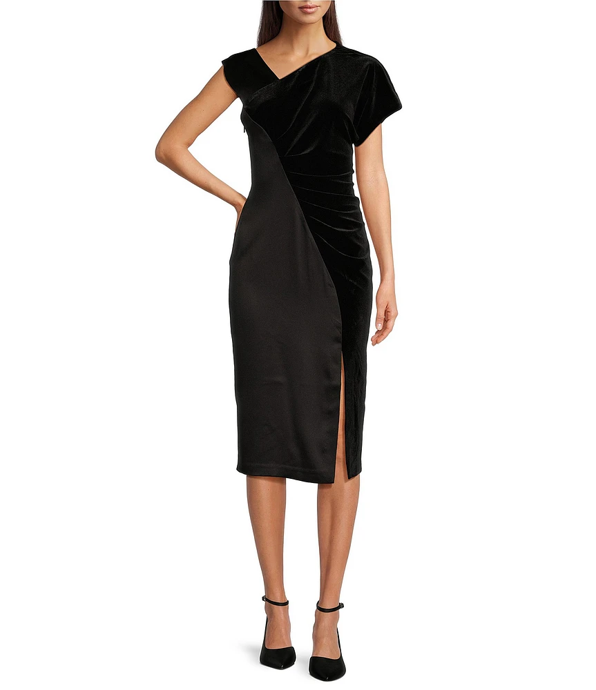 DKNY by Donna Karan Asymmetrical V-Neck One Short Sleeve Sheath Midi Dress