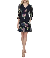 DKNY by Donna Karan 3/4 Sleeve Floral Print Fit and Flare Dress