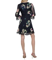DKNY by Donna Karan 3/4 Sleeve Floral Print Fit and Flare Dress