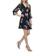 DKNY by Donna Karan 3/4 Sleeve Floral Print Fit and Flare Dress