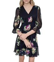 DKNY by Donna Karan 3/4 Sleeve Floral Print Fit and Flare Dress