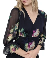 DKNY by Donna Karan 3/4 Sleeve Floral Print Fit and Flare Dress