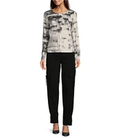 DKNY by Donna Karan All Over Sequin Printed Crew Neck Long Sleeve Top