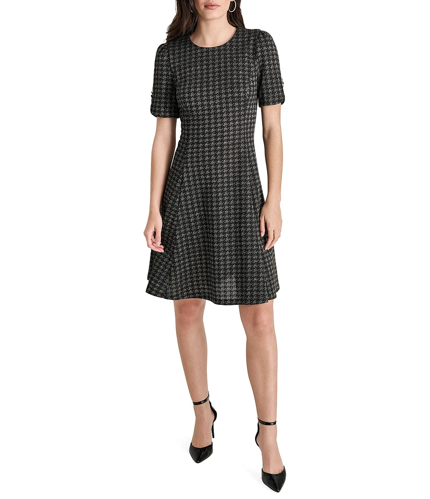 DKNY by Donna Karan Button Sleeve Metallic Houndstooth A-Line Dress