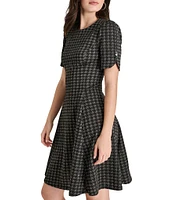 DKNY by Donna Karan Button Sleeve Metallic Houndstooth A-Line Dress