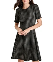 DKNY by Donna Karan Button Sleeve Metallic Houndstooth A-Line Dress