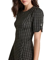 DKNY by Donna Karan Button Sleeve Metallic Houndstooth A-Line Dress