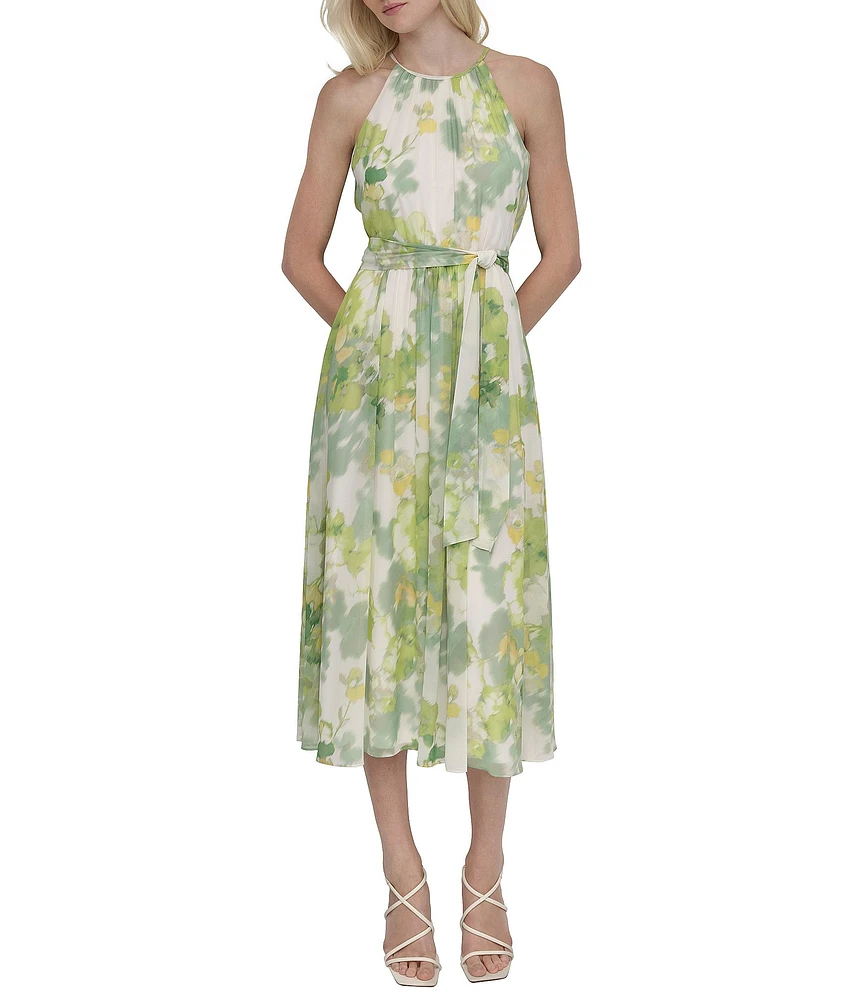 DKNY by Donna Karan Chiffon Floral Print Halter Neck Sleeveless Waist Tie Blouson Midi Dress
