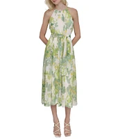 DKNY by Donna Karan Chiffon Floral Print Halter Neck Sleeveless Waist Tie Blouson Midi Dress