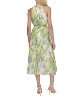 DKNY by Donna Karan Chiffon Floral Print Halter Neck Sleeveless Waist Tie Blouson Midi Dress