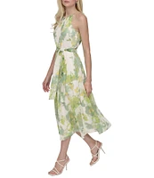 DKNY by Donna Karan Chiffon Floral Print Halter Neck Sleeveless Waist Tie Blouson Midi Dress