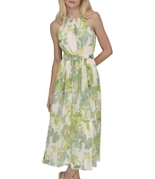 DKNY by Donna Karan Chiffon Floral Print Halter Neck Sleeveless Waist Tie Blouson Midi Dress
