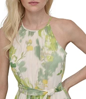 DKNY by Donna Karan Chiffon Floral Print Halter Neck Sleeveless Waist Tie Blouson Midi Dress