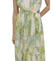 DKNY by Donna Karan Chiffon Floral Print Halter Neck Sleeveless Waist Tie Blouson Midi Dress