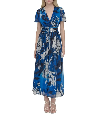 DKNY by Donna Karan Chiffon Floral Print V Neck Short Sleeve Sheath Maxi Dress