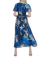 DKNY by Donna Karan Chiffon Floral Print V Neck Short Sleeve Sheath Maxi Dress