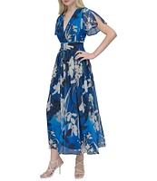 DKNY by Donna Karan Chiffon Floral Print V Neck Short Sleeve Sheath Maxi Dress