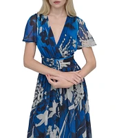 DKNY by Donna Karan Chiffon Floral Print V Neck Short Sleeve Sheath Maxi Dress