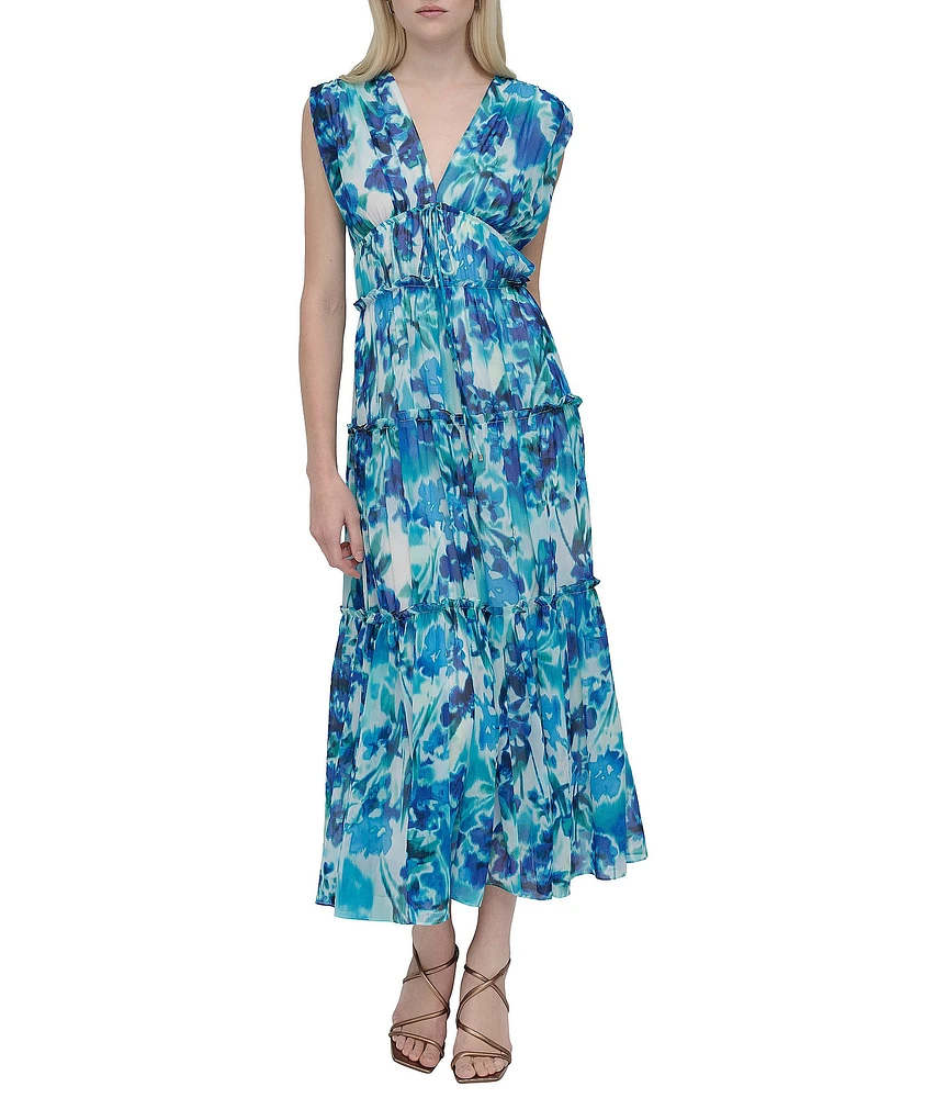 DKNY by Donna Karan Chiffon Floral Print V Neck Sleeveless Sheath Maxi Dress