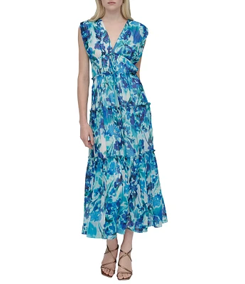 DKNY by Donna Karan Chiffon Floral Print V Neck Sleeveless Sheath Maxi Dress