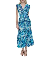 DKNY by Donna Karan Chiffon Floral Print V Neck Sleeveless Sheath Maxi Dress