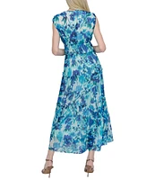 DKNY by Donna Karan Chiffon Floral Print V Neck Sleeveless Sheath Maxi Dress
