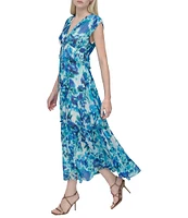 DKNY by Donna Karan Chiffon Floral Print V Neck Sleeveless Sheath Maxi Dress