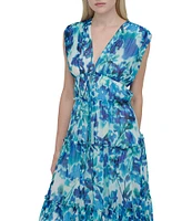 DKNY by Donna Karan Chiffon Floral Print V Neck Sleeveless Sheath Maxi Dress