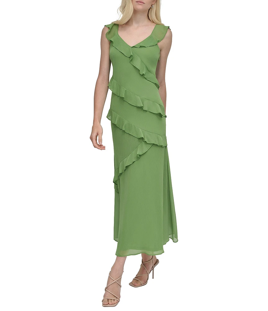 DKNY by Donna Karan Chiffon V Neck Sleeveless Ruffle Sheath Maxi Dress
