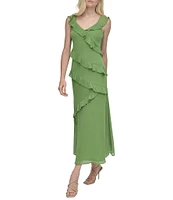 DKNY by Donna Karan Chiffon V Neck Sleeveless Ruffle Sheath Maxi Dress