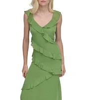 DKNY by Donna Karan Chiffon V Neck Sleeveless Ruffle Sheath Maxi Dress