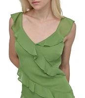 DKNY by Donna Karan Chiffon V Neck Sleeveless Ruffle Sheath Maxi Dress