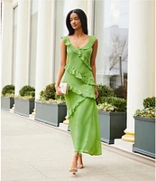 DKNY by Donna Karan Chiffon V Neck Sleeveless Ruffle Sheath Maxi Dress