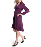 DKNY by Donna Karan Collar Drape Front Satin Shirt Dress