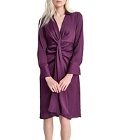 DKNY by Donna Karan Collar Drape Front Satin Shirt Dress