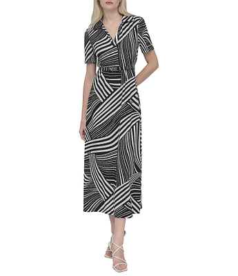 DKNY by Donna Karan Collared V-Neck Short Sleeve Midi Shirt Dress