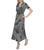 DKNY by Donna Karan Collared V-Neck Short Sleeve Midi Shirt Dress
