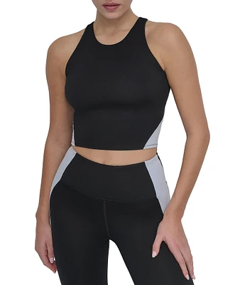 DKNY by Donna Karan Color Block Crew Neck Sleeveless Balance Compression Crop Tank Top