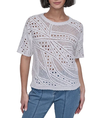 DKNY By Donna Karan Cotton Crochet Crew Neck Short Sleeve Top