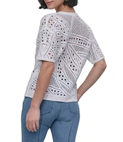 DKNY By Donna Karan Cotton Crochet Crew Neck Short Sleeve Top