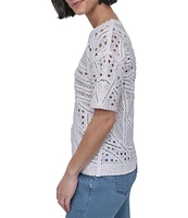 DKNY By Donna Karan Cotton Crochet Crew Neck Short Sleeve Top